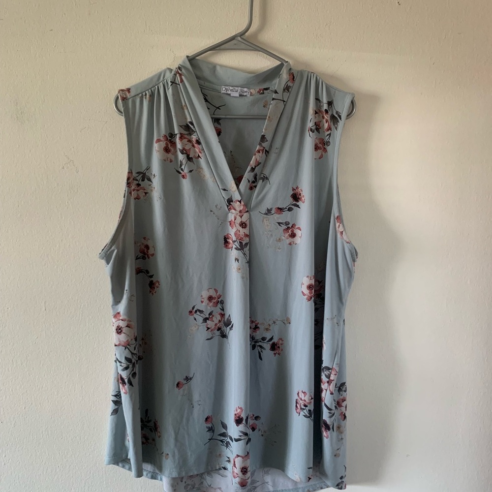 Floral V-Neck Sleeveless Blouse - Light Blue and Pink